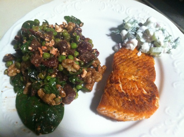 Salmon with Chunky Tzatziki and Spinach Salad