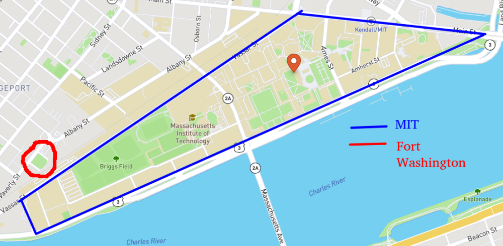 A map showing MIT and the location of Fort Washington