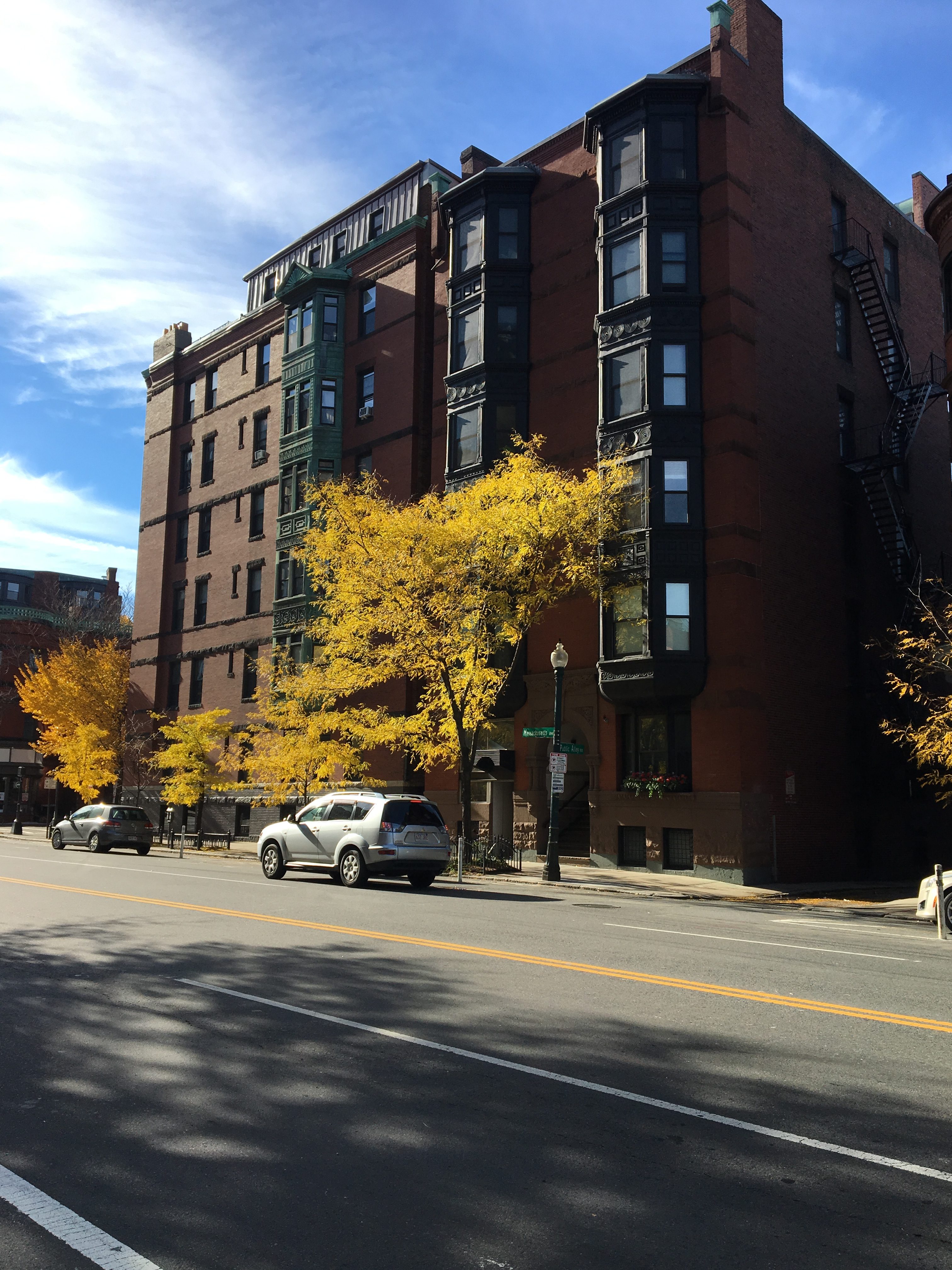 A red brick building in Boston with stacked bay windows. In front of it is one shortish yellow tree.