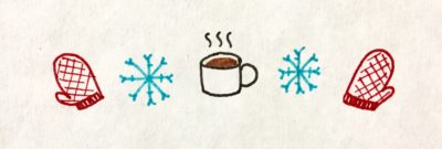 A symmetric line of red mittens, blue snowflakes, and a steaming cup of hot chocolate.