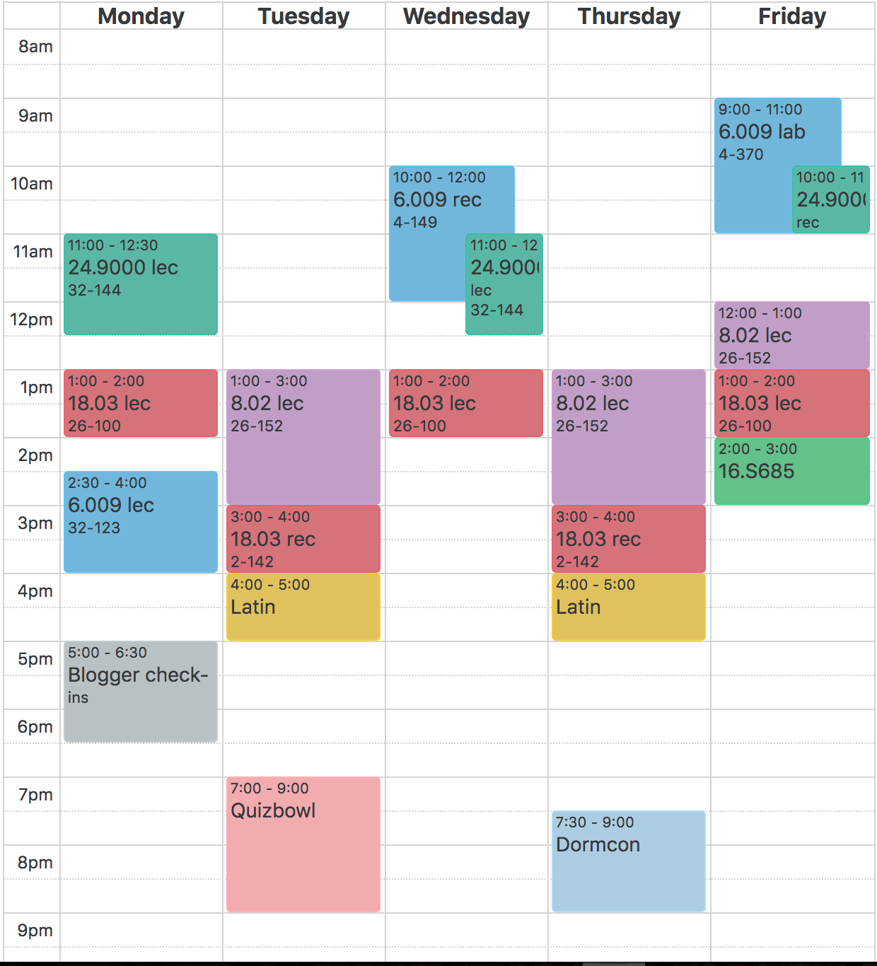 A screenshot of my weekly schedule for this semester, plotted using an MIT-specific (and ubiquitous) online course planner called Firehose.