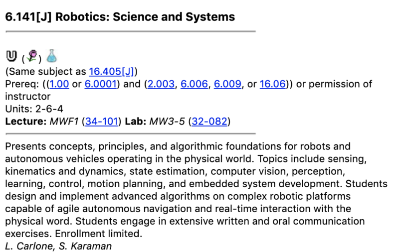 6.141 Robotics: Science and Systems Description