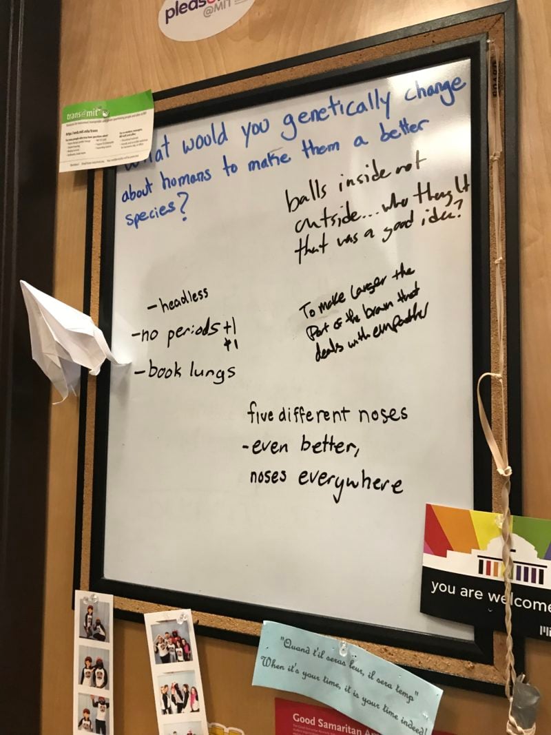 macgregor dry erase board with answers to the question what would you genetically change to make humans a better species