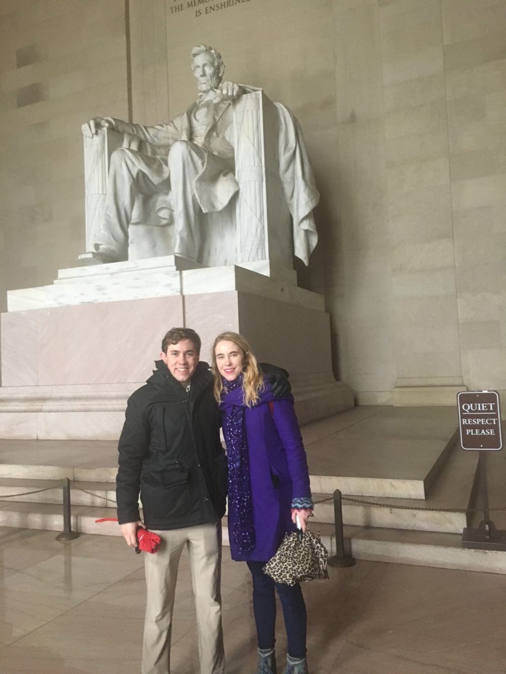 My brother Max and I in front of the giant statue of Abraham Lincoln inside the Lincoln Memorial in Washington D.C.