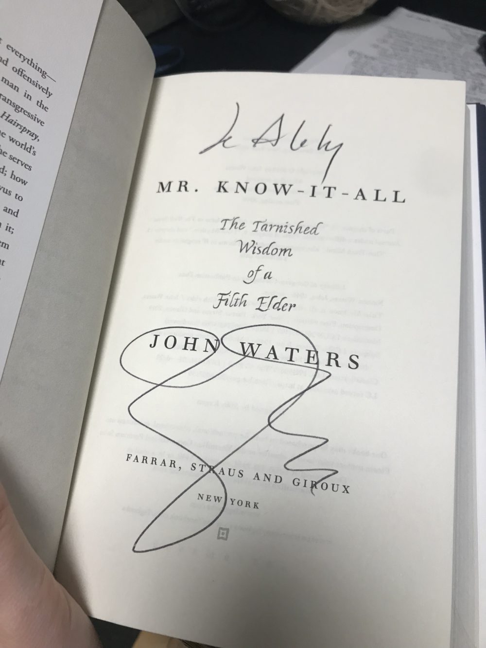 the signed title page of my John Waters book