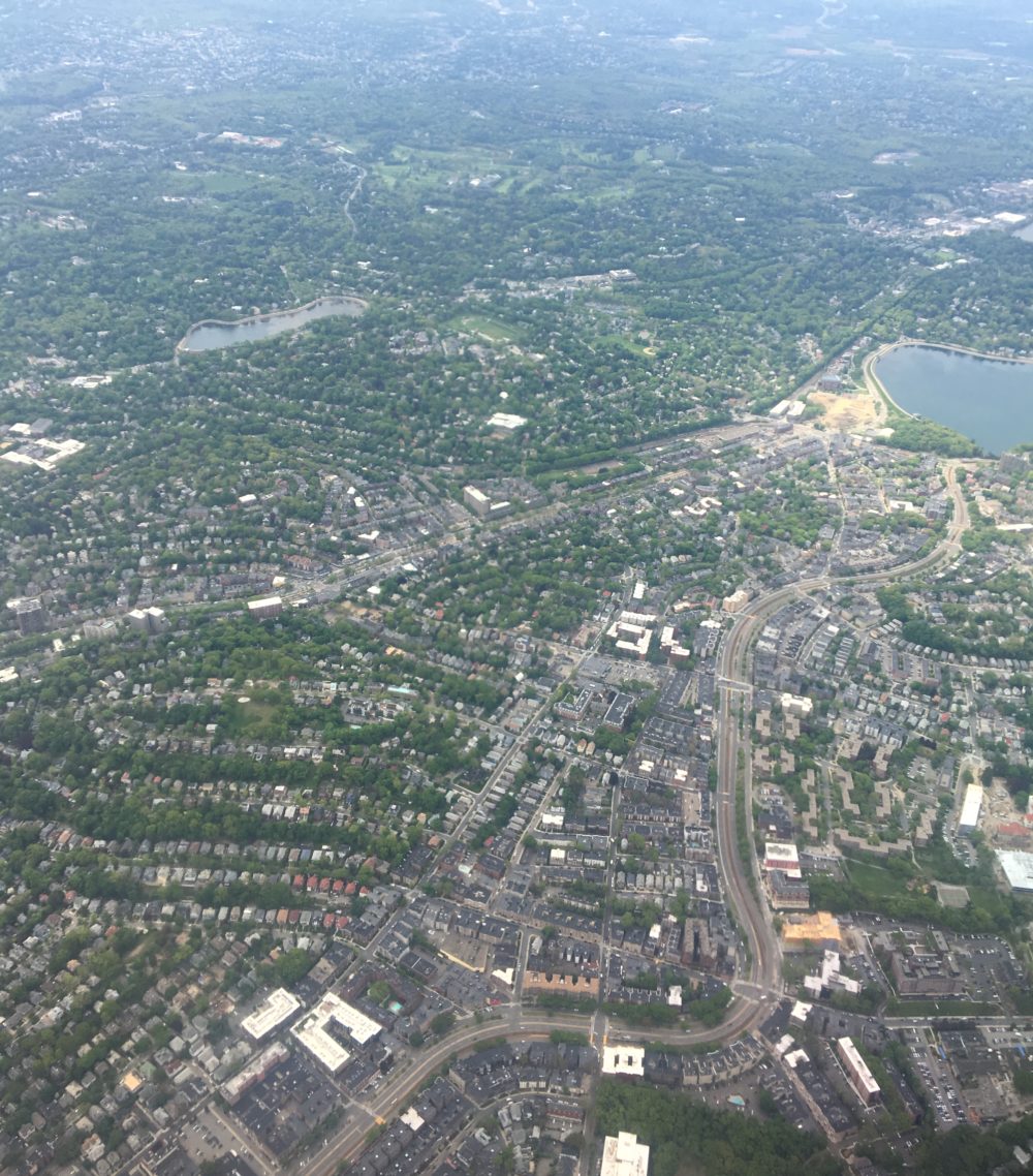 An aerial view of what looks to be a suburban neighborhood.