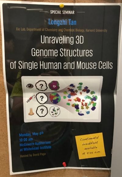 a poster advertising a special seminar by Longzhi Tan called unraveling 3D genome structures of single human and mouse cells