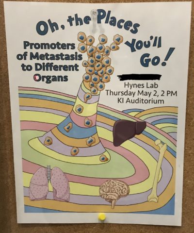 a doctor seuss themed poster for a thesis defense called oh the places you'll go promoters of metastasis to different organs