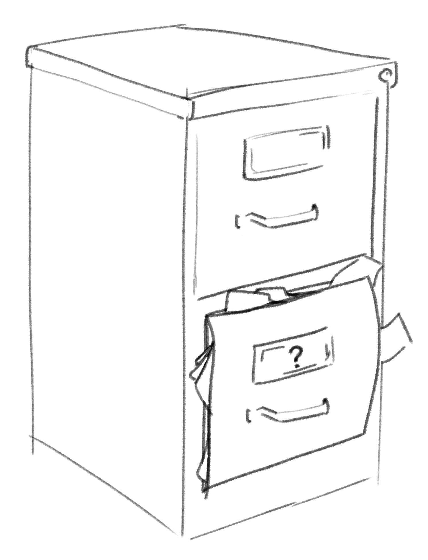 a drawing of a file cabinet about to burst open