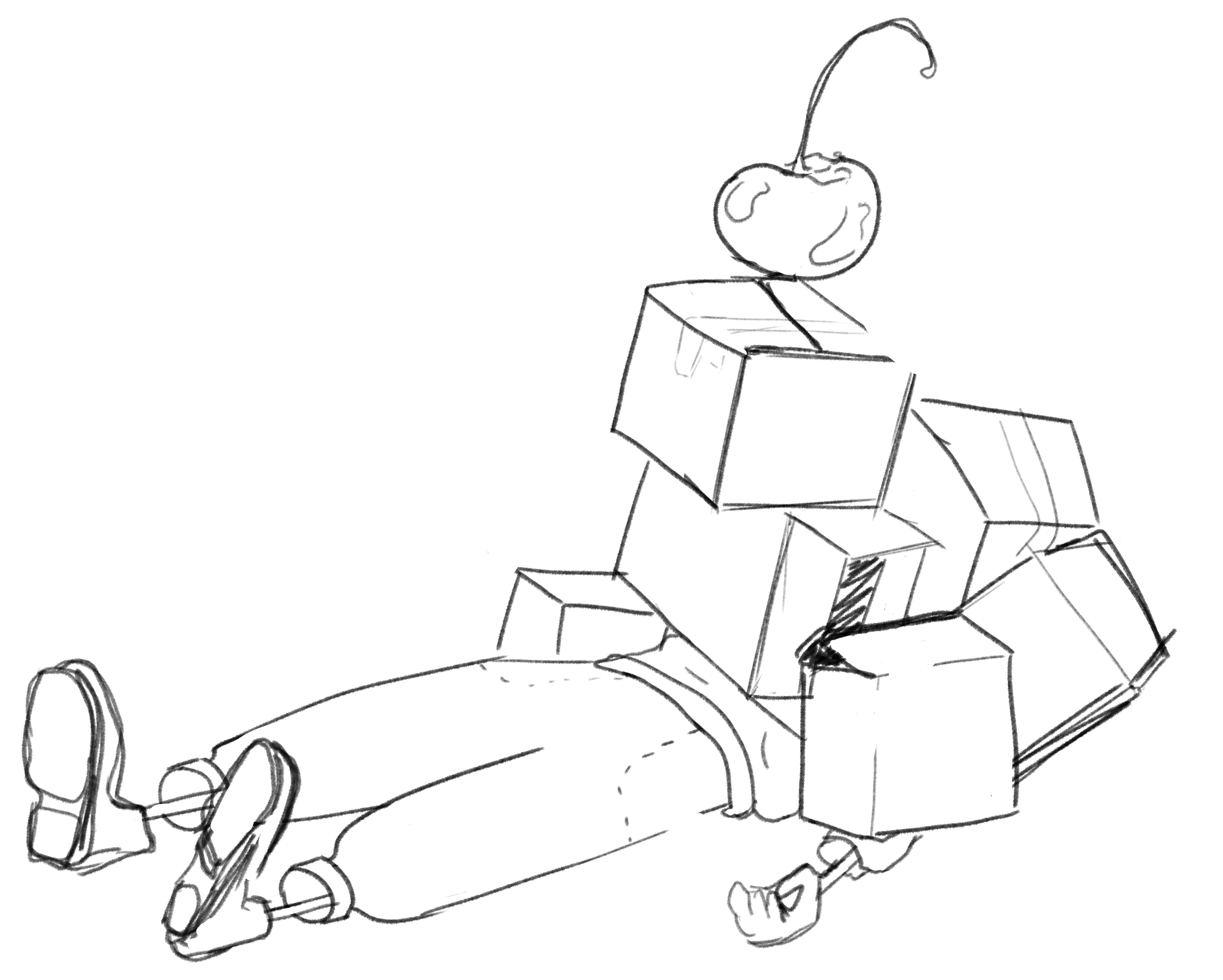 a drawing of boxes piled on top of a person lying down with a cherry on top