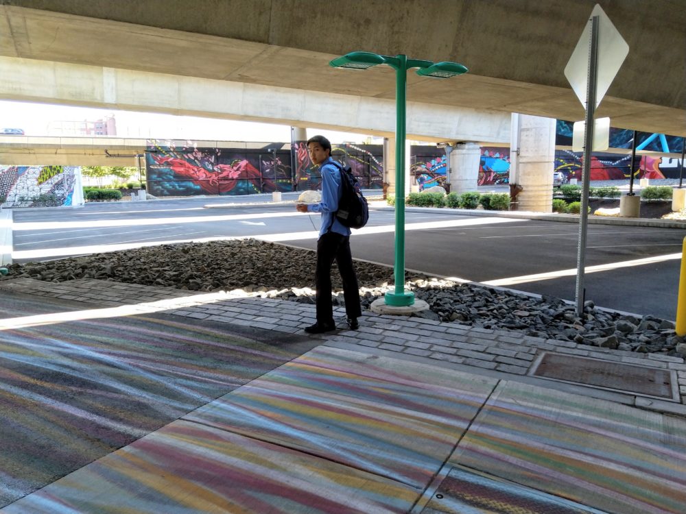 alan z. '23 stands beside the path. behind him are several large murals.