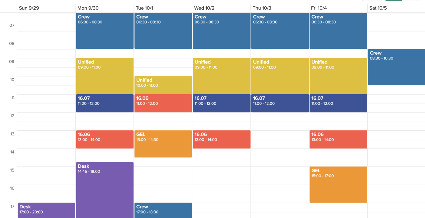 a screenshot of a weekly schedule from an online planner, containing 2 desk shifts, 7 rowing practices, and class times for 16.06, 16.07, Unified, and GEL
