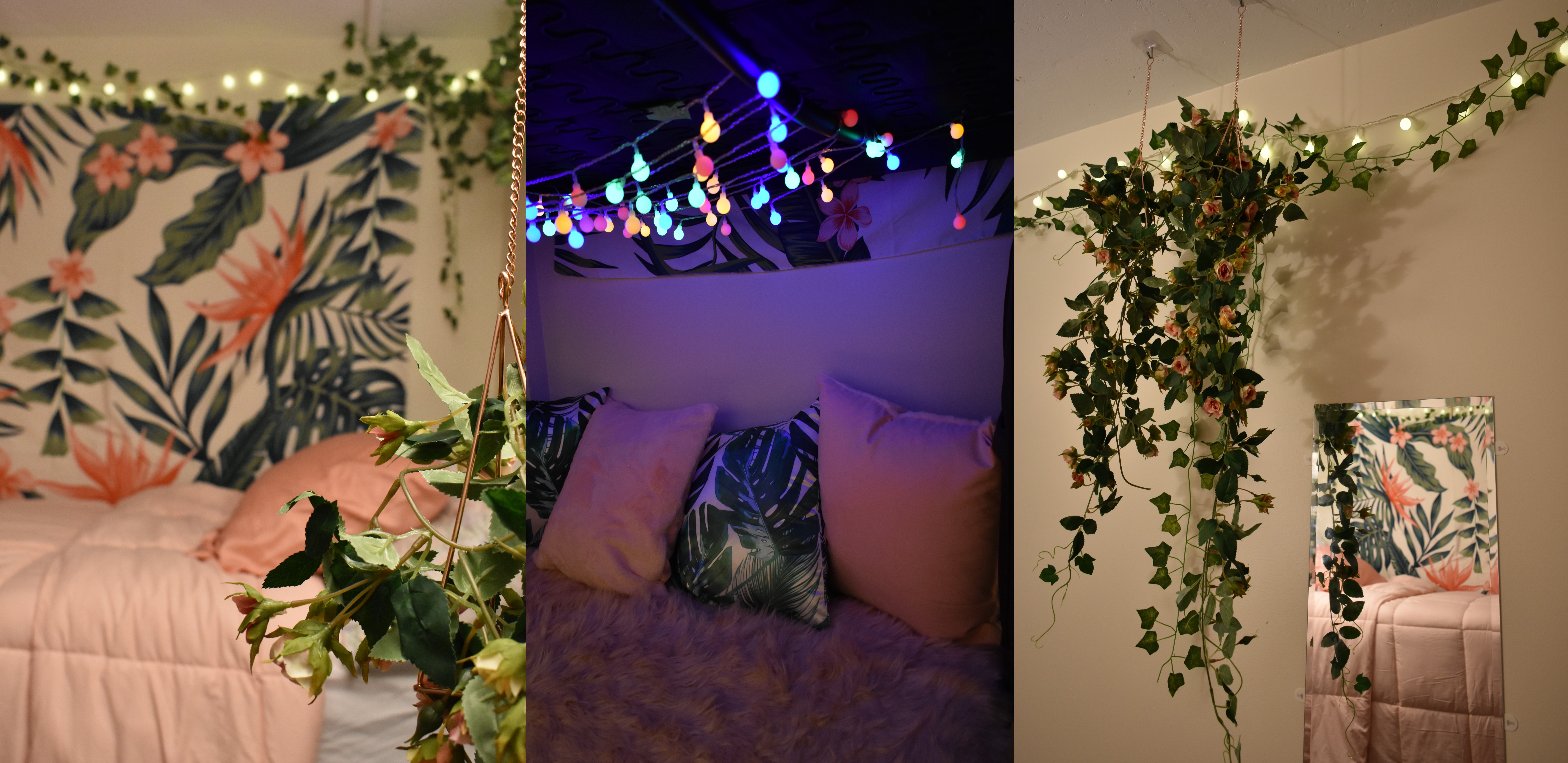 this is my room:). The left image is a picture of my bed and tapestry, the middle is a picture of the setup under my bed, and the last image is a picture of the fake plants I hung up 