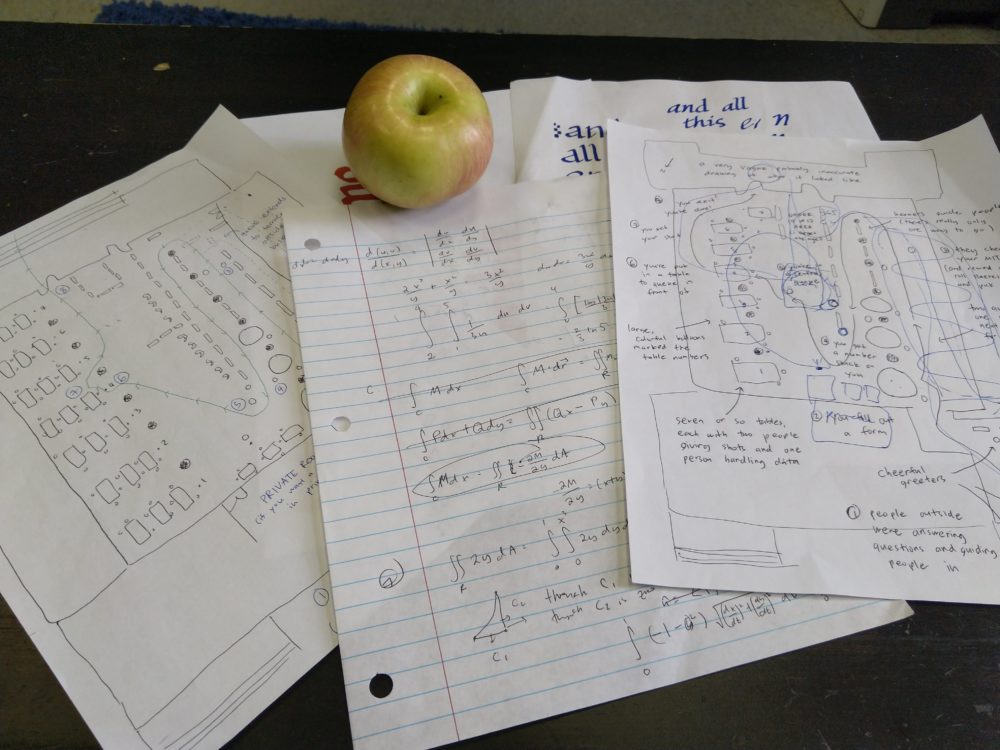 an apple. and scrap paper