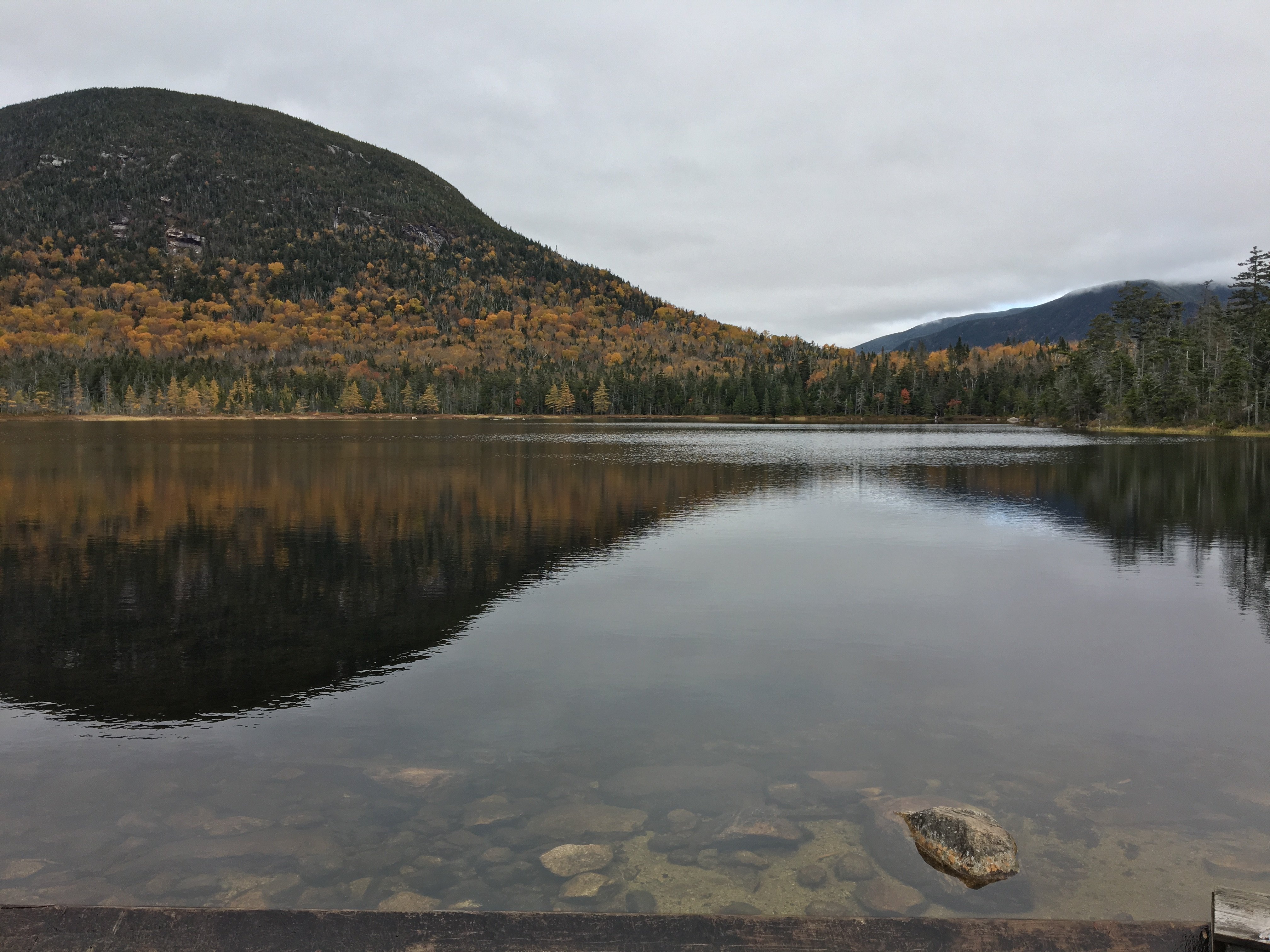 A very tranquil lake on a cloudy day. Across the lake is a mountain covered in yellow trees. Its reflection is clearly visible in the water.