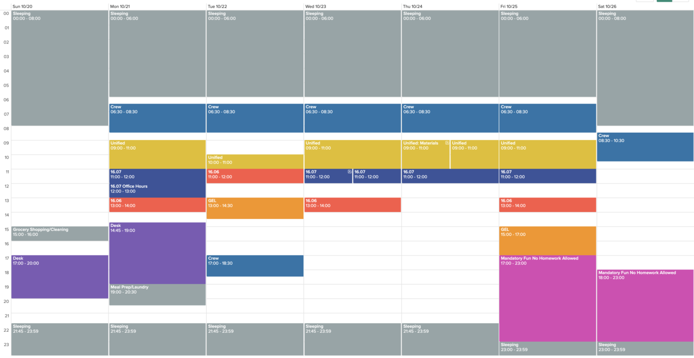 screenshot of a calendar containing sleeping, meal prep, classes, etc.