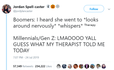 Image of a tweet by @jordylancaster saying: Boomers: I heard she went to *looks around nervously* *whispers* ᵀʰᵉʳᵃᵖʸ Millennials/Gen Z: LMAOOOO YALL GUESS WHAT MY THERAPIST TOLD ME TODAY