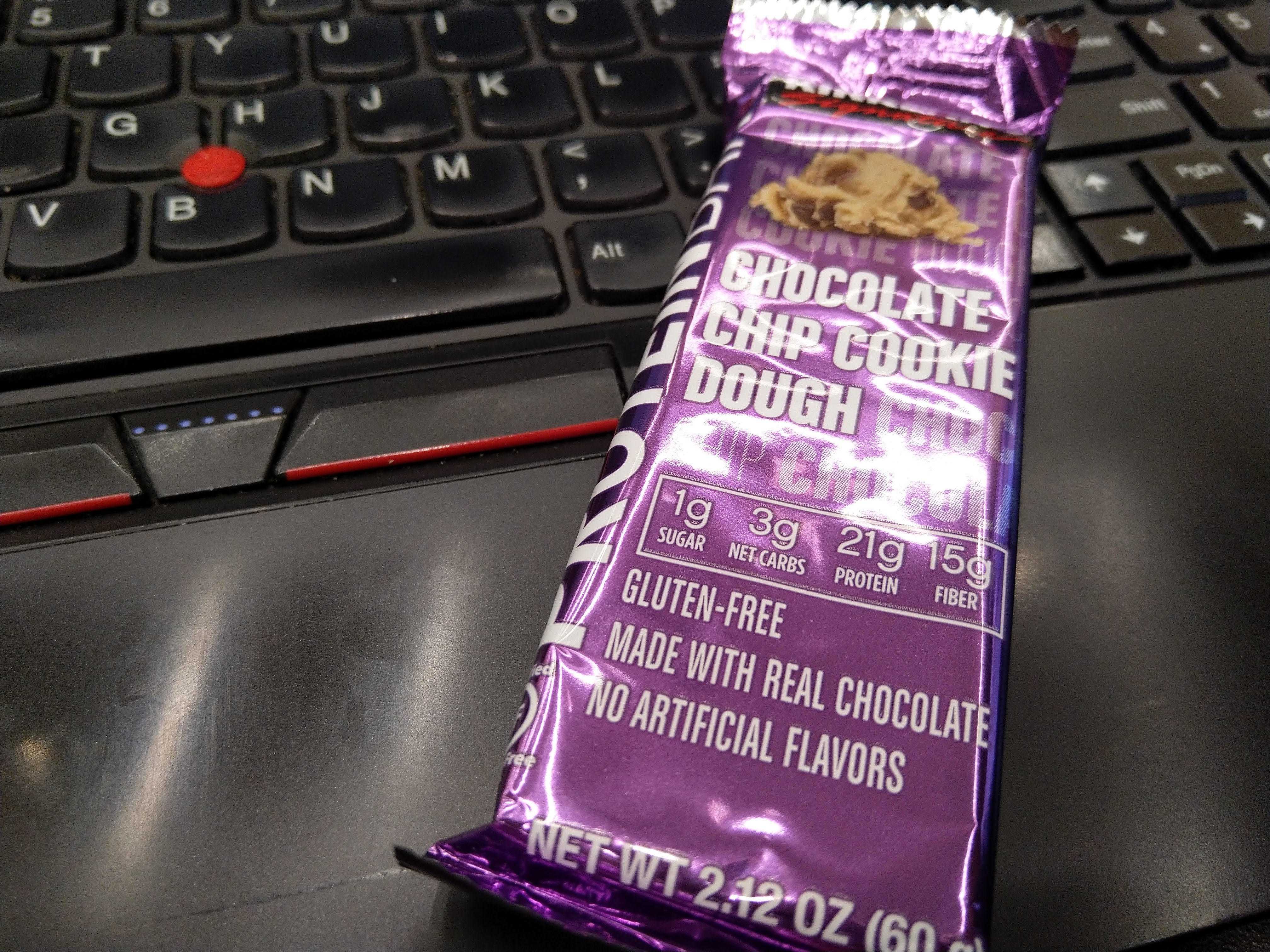 a chocolate chip cookie dough protein bar