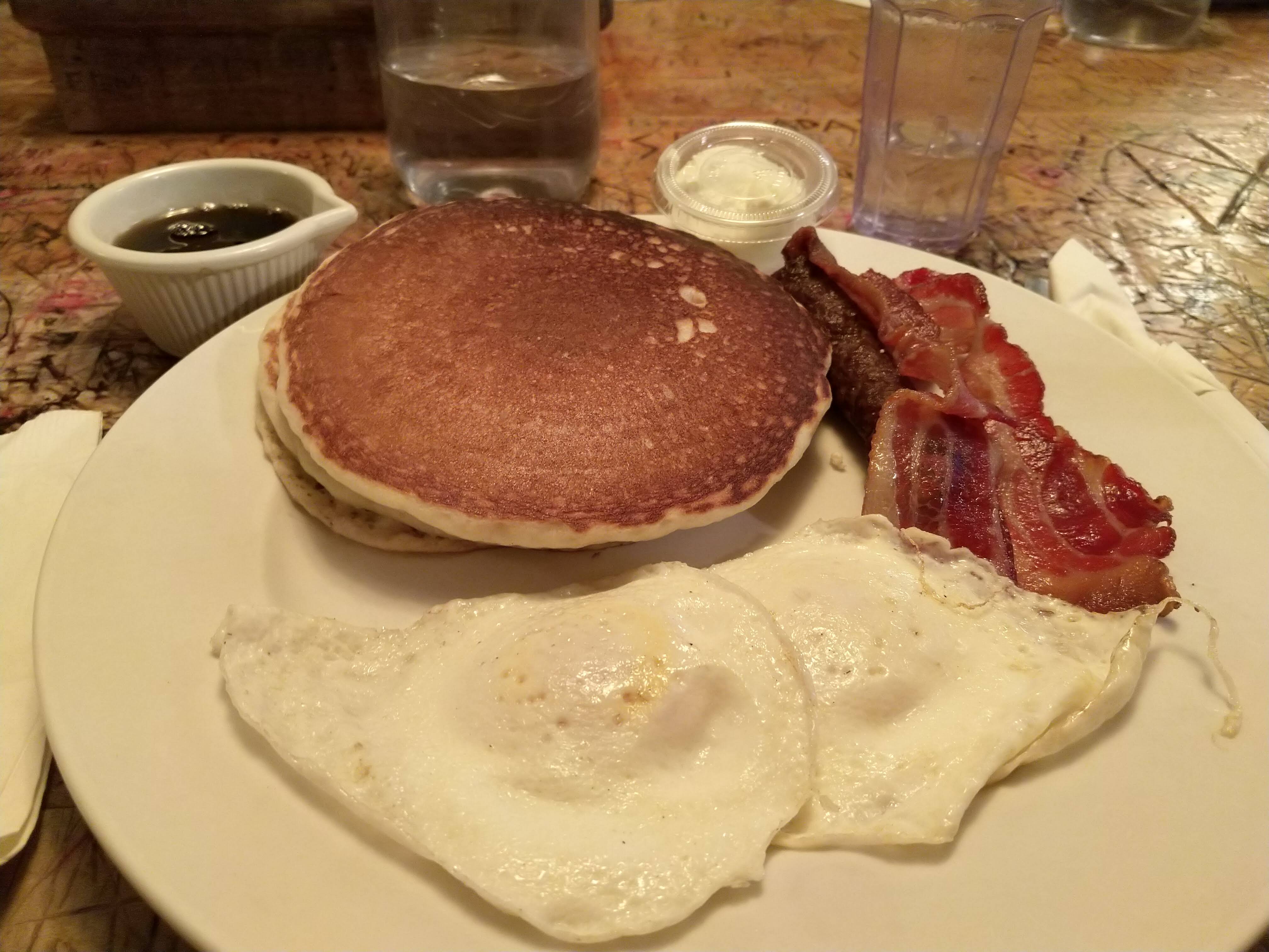 pancakes, eggs, bacon, sausage