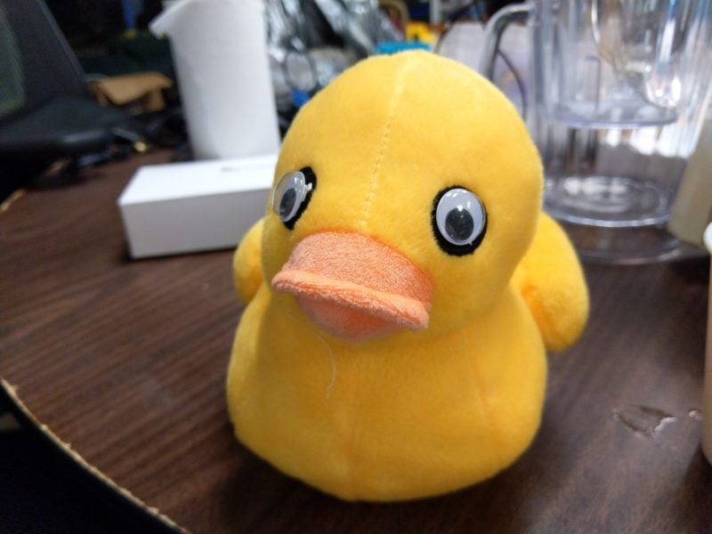 a stuffed rubber duck with googly eyes pasted on its eyes