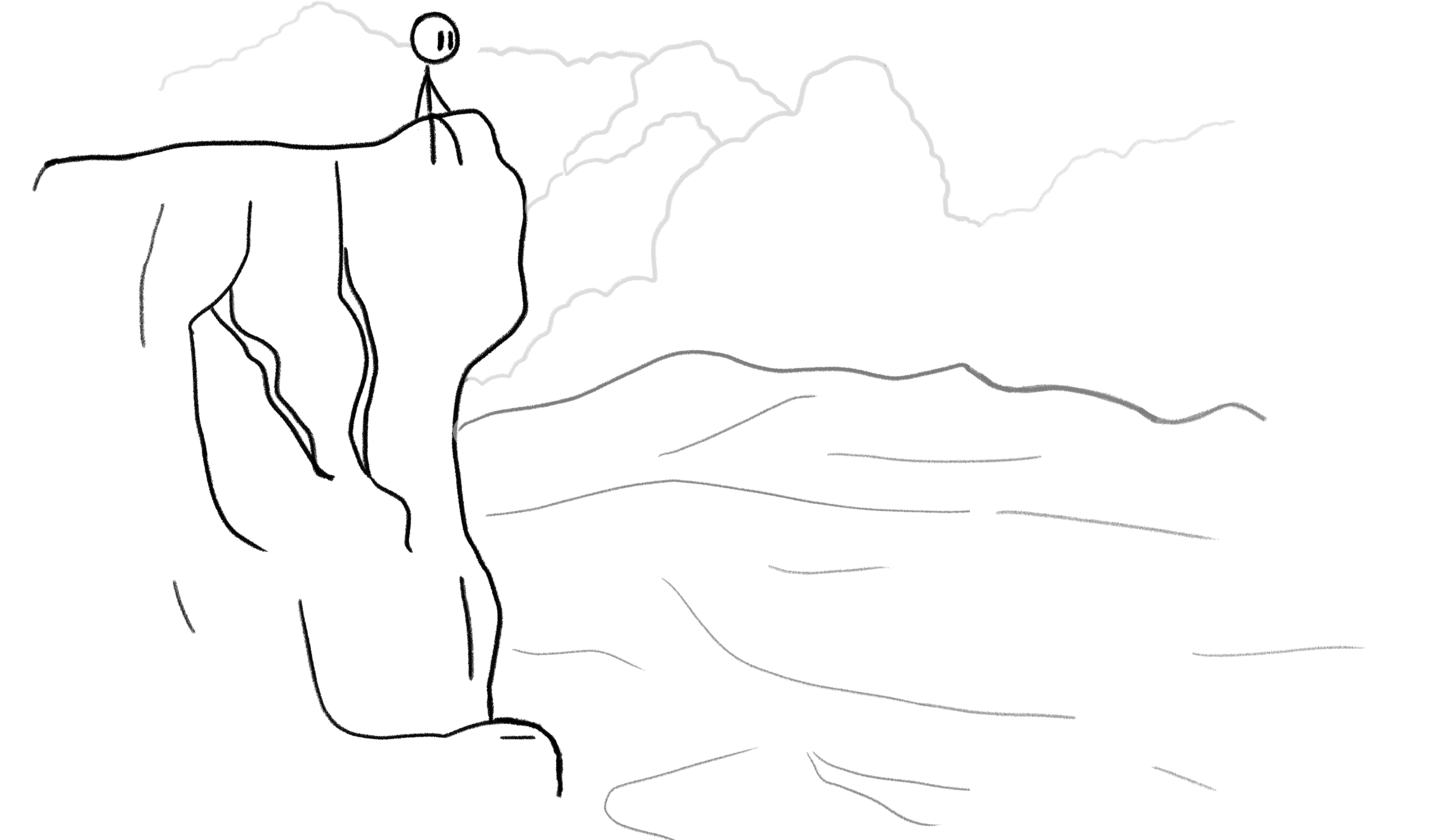 drawing of a stick figure on a cliff looking at the scenery below