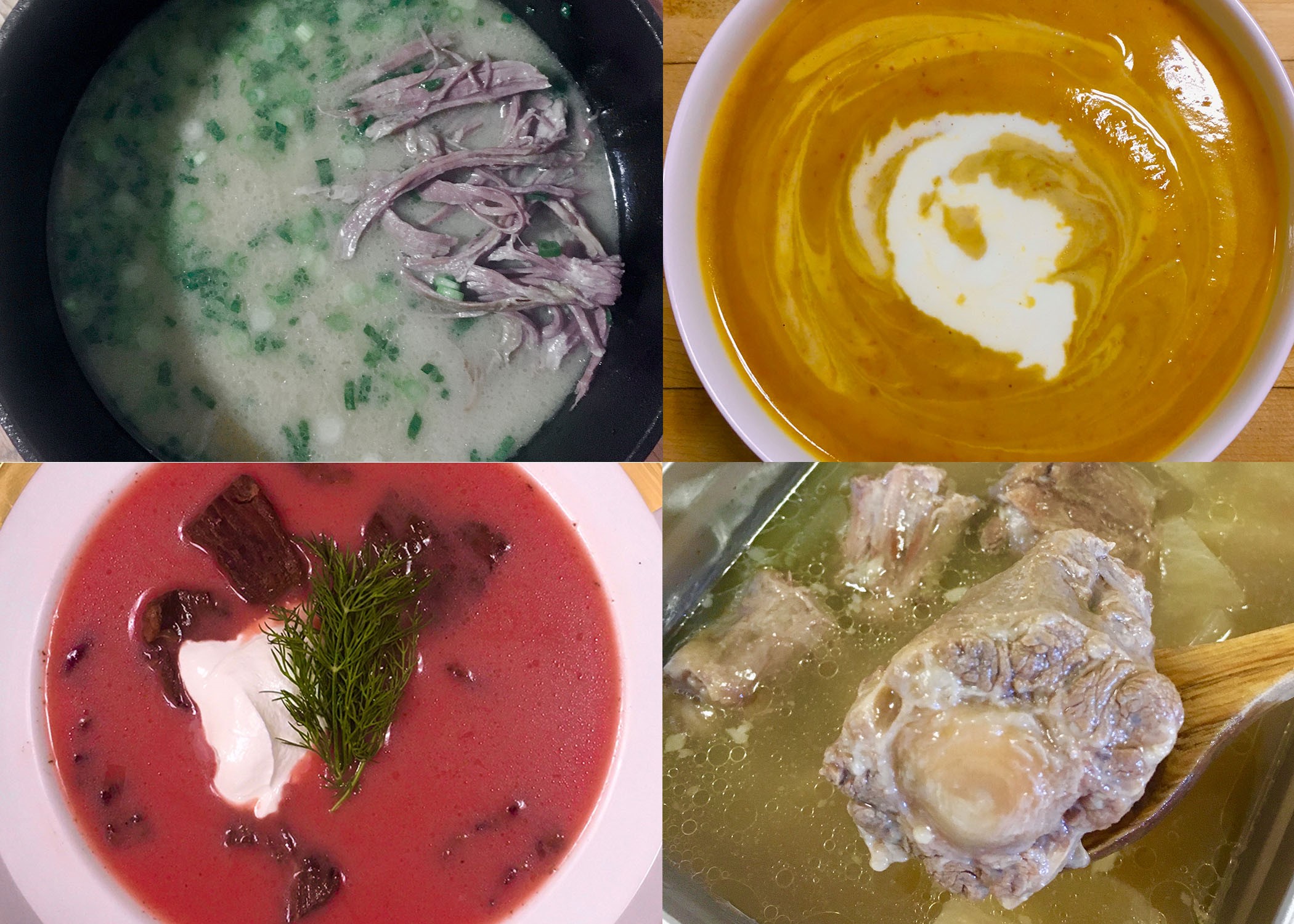 a picture divided into four parts, all soups. they all look soupy. idk