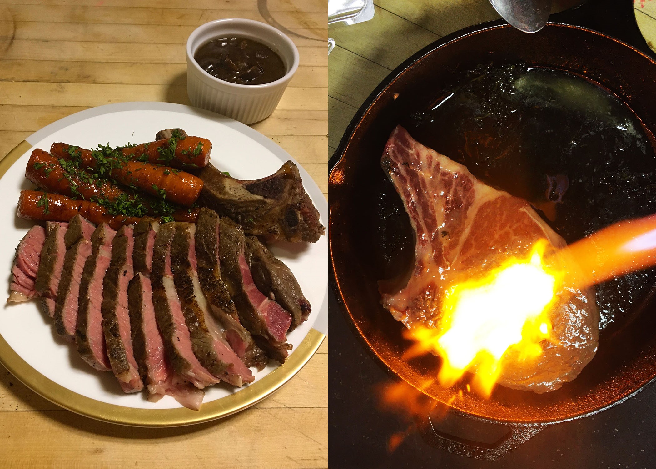 picture divided into two parts. left is ribeye slices, carrots, and sauce on a plate; right is a steak being blowtorched