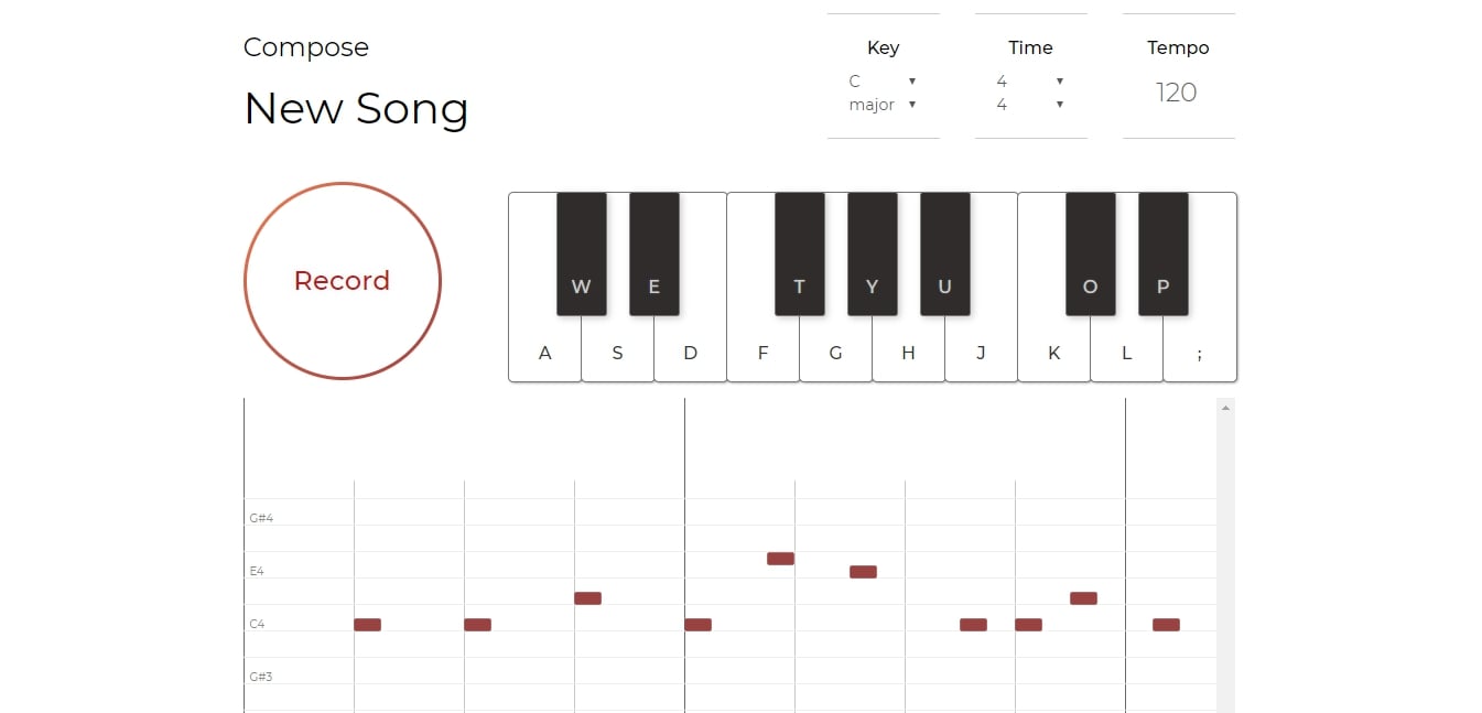 screenshot of the compose page of the website; theres a piano and a record button and a note editor