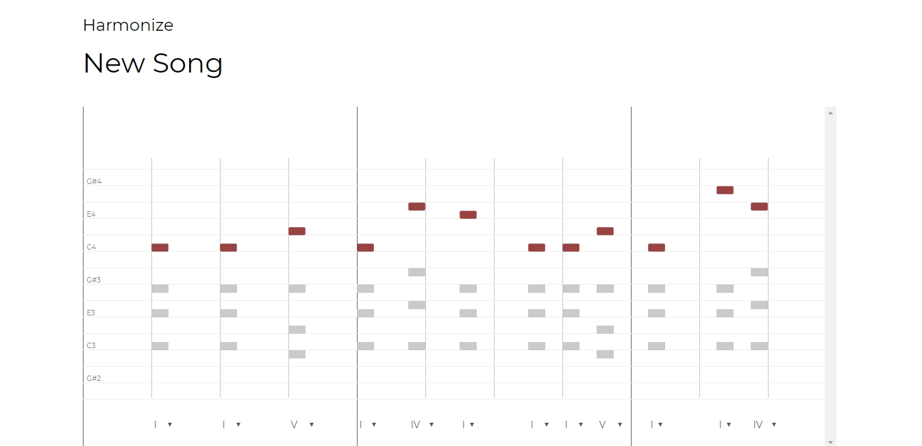 the harmonize page; theres the note editor with the melody in red and harmony in gray