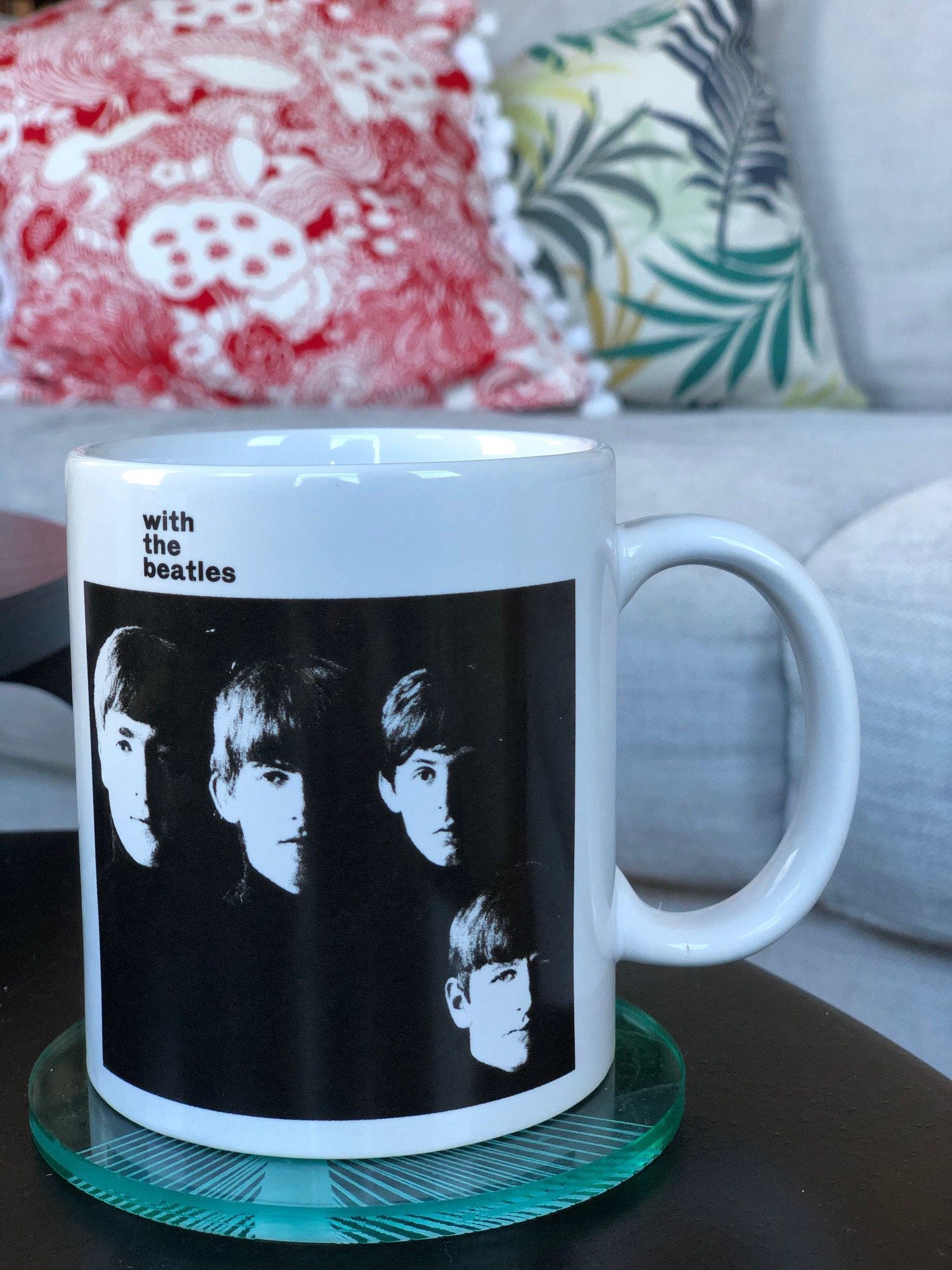 Leah's mug, which has The Beatles album cover on it