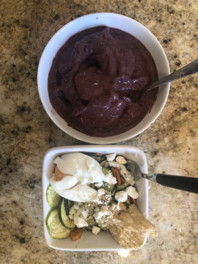 a smoothie bowl and a vegetable medley with a poached egg on top