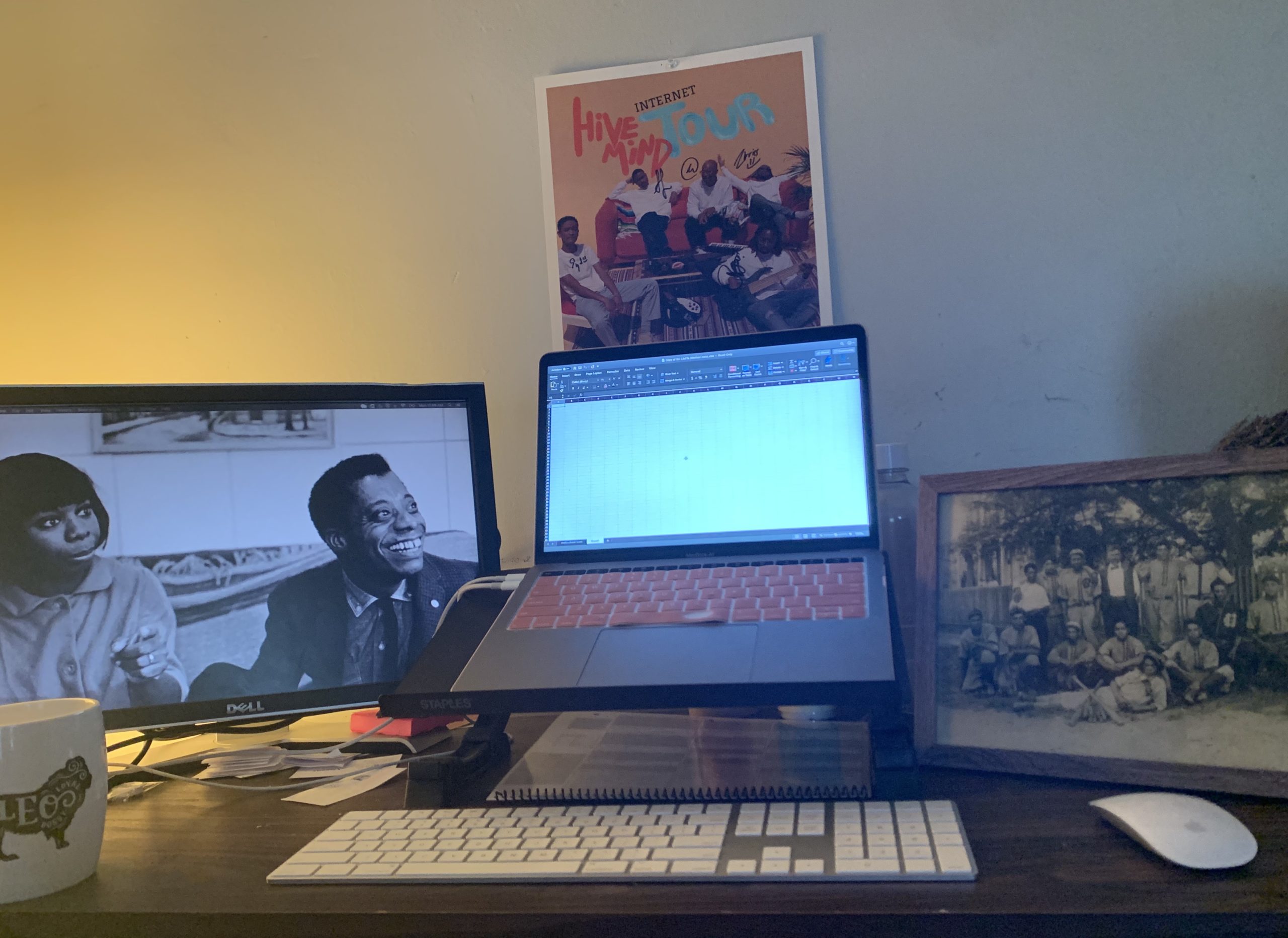 DJ's dual monitor set-up and family photo