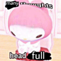 picture of inflated sanrio melody with caption many thoughts head full