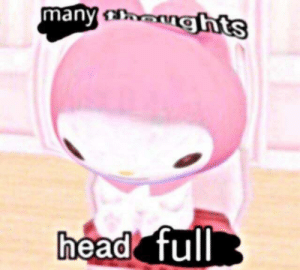 many thoughts, head full, bunny meme. i think this is a sanrio character, it's sitting down and its head is bulging like one of those funny camera filters. the caption on top says "many thoughts" and the many looks like it was written over something; the bottom caption says "head full"; full also looks like a rewrite. alt text doesn't need to be this long..i'm just rambling