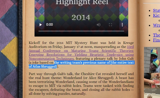 a screenshot of the 2014 hunt website, “the writing team’s previous name of [the entire text of Atlas Shrugged]” is highlighted