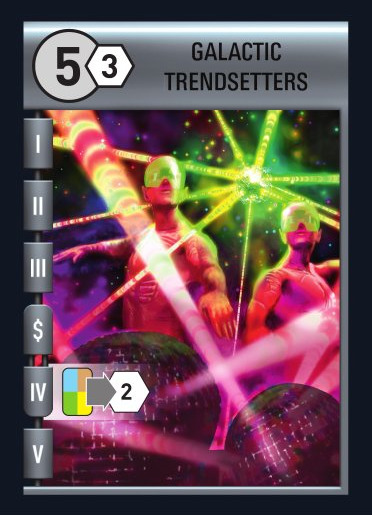 a picture of the card Galactic Trendsetters from the game Race of the Galaxy. there are two giants in the background with what seems to be disco lights.