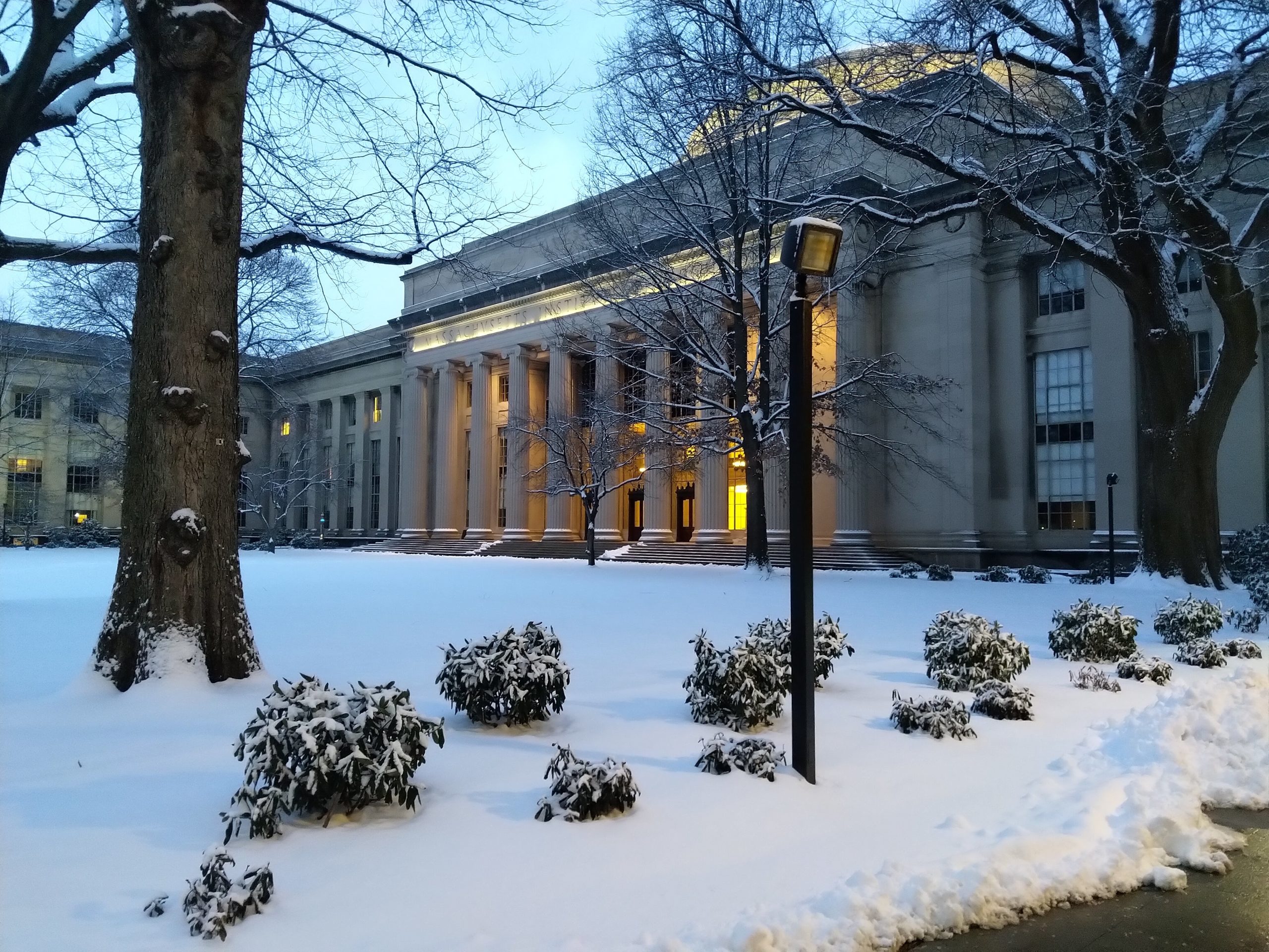 building 10 from the outside, untouched snow on killian court, in the early morning
