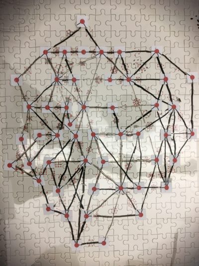 A jigsaw puzzle with a very complicated, hand-drawn graph overlaid on it.