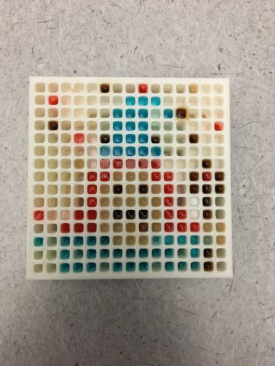 A well plate with certain cells colored in ways that create a pixellated image of long-haired magician.