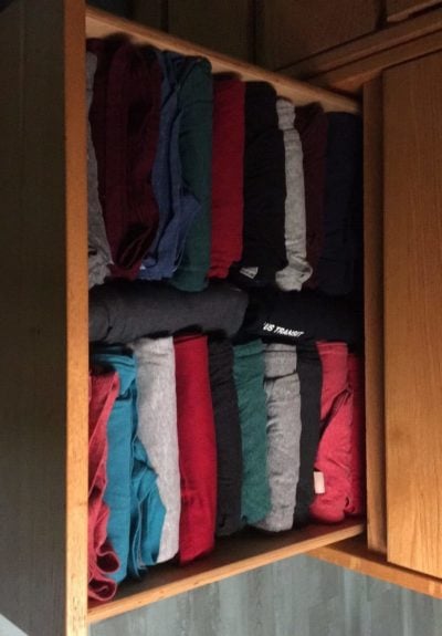 My t-shirt drawer. The t-shirts are all nicely rolled and fit perfectly into the drawer.