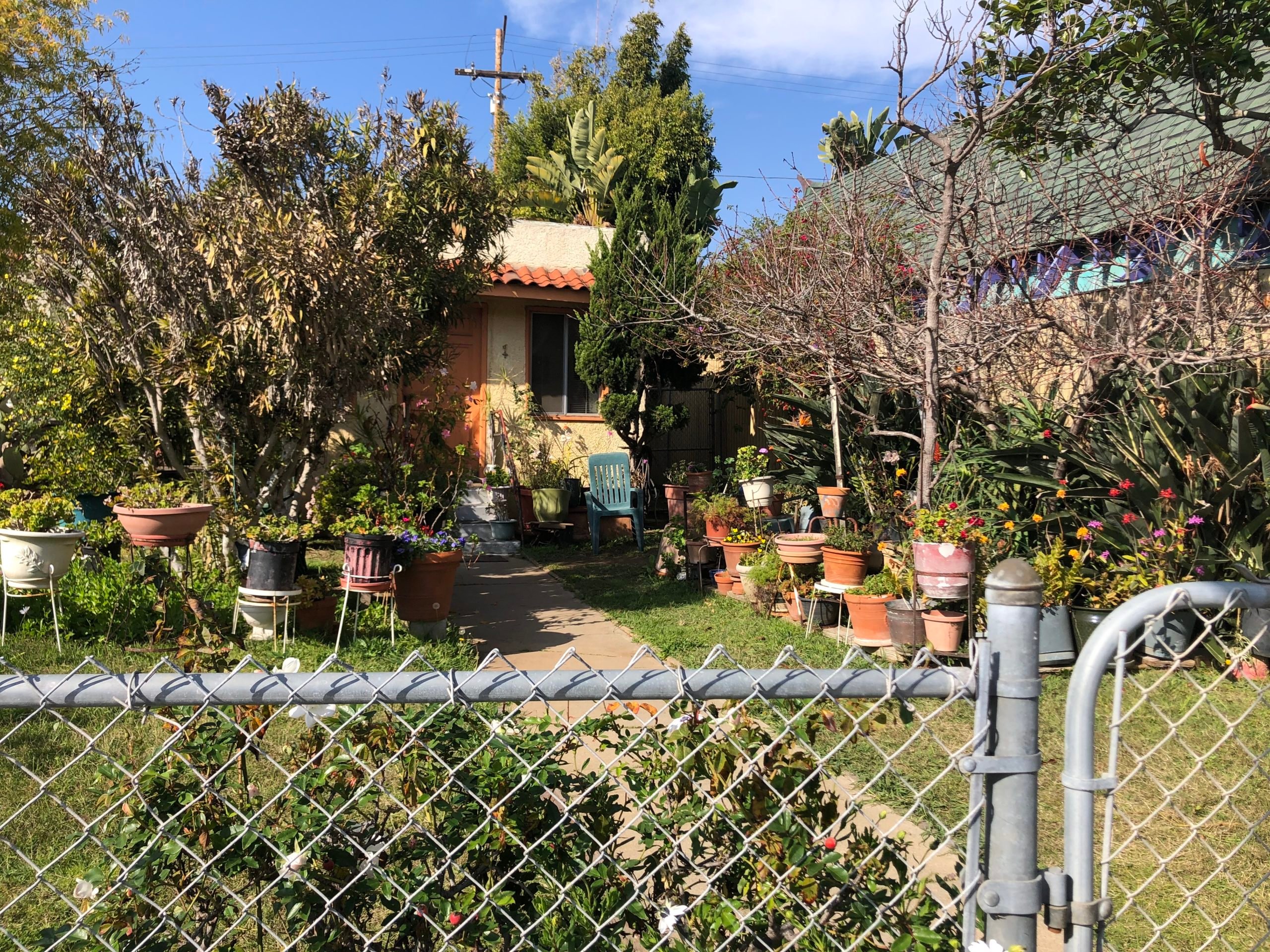 cute cottage that has many potted plants in its yard