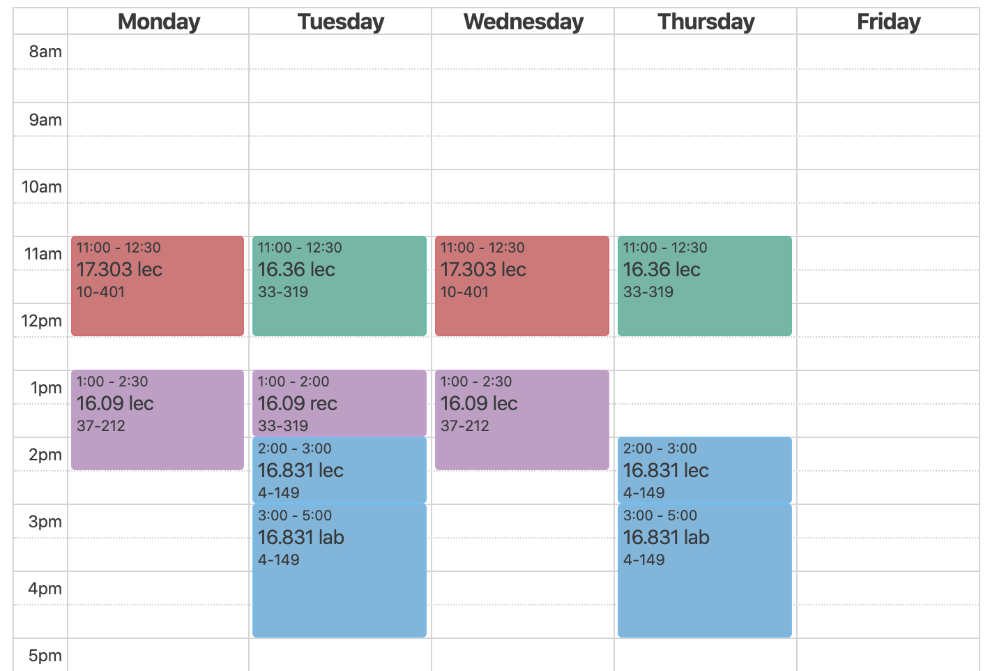 screenshot of class schedule (no class on fridays or before 11 am)