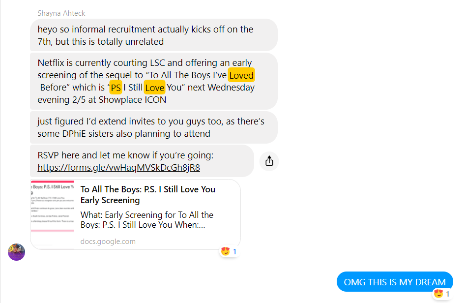 image of shayna inviting me to see to all the boys i've loved before ps i love you exclusive early screening