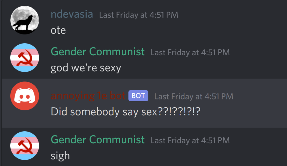 annoying discord bot says "did somebody say sex??"