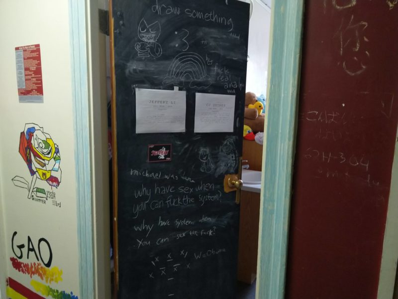 my door. it’s a chalkboard. written on top is “draw something”, and some drawings underneath. two signs are in the center, with my name, and my roommate’s name. visible near the bottom is “why have sex when you can fuck the system?” and underneath “why have system when you can sex the fuck?”