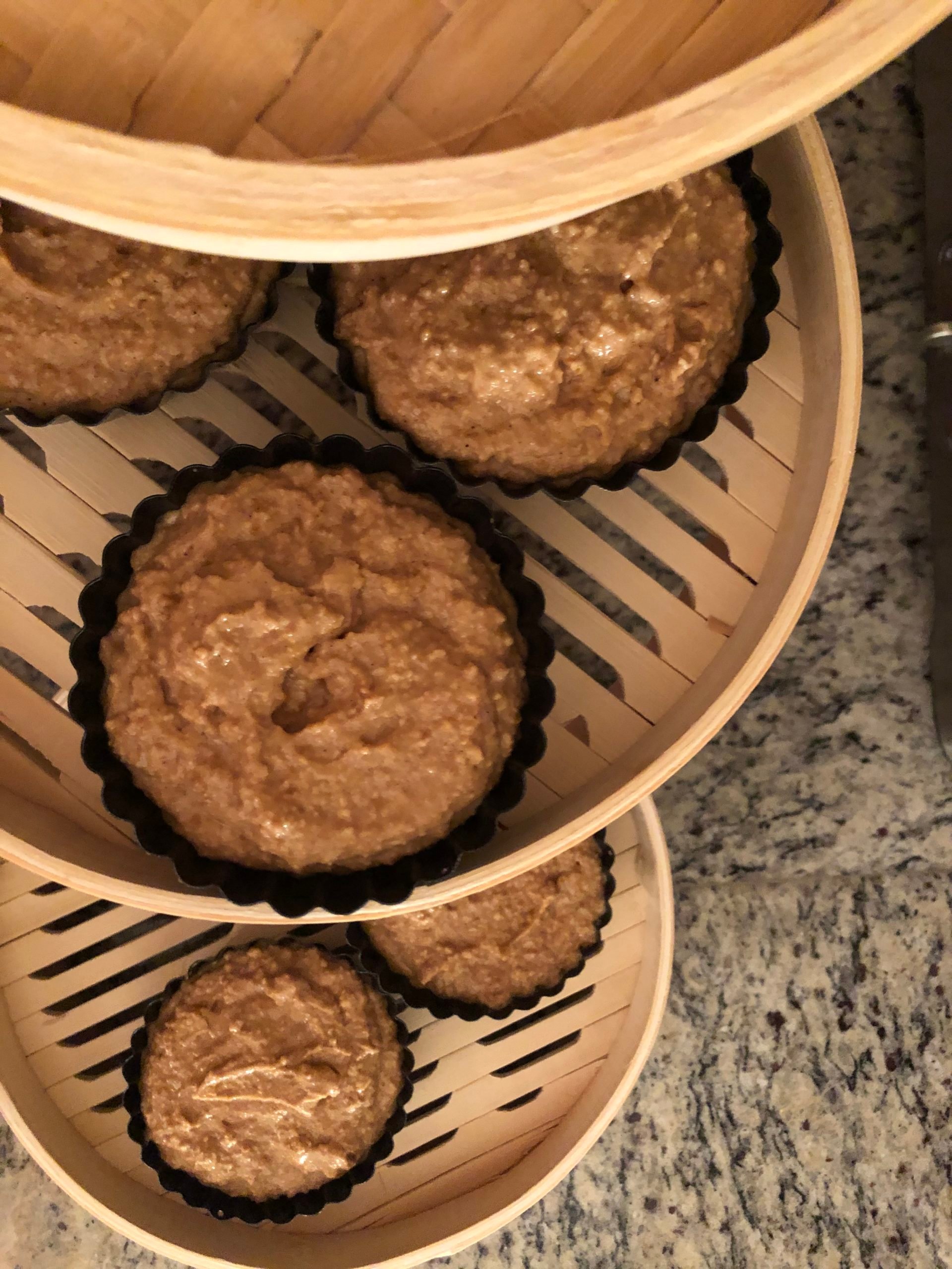 top view of the five cakes in steam basket