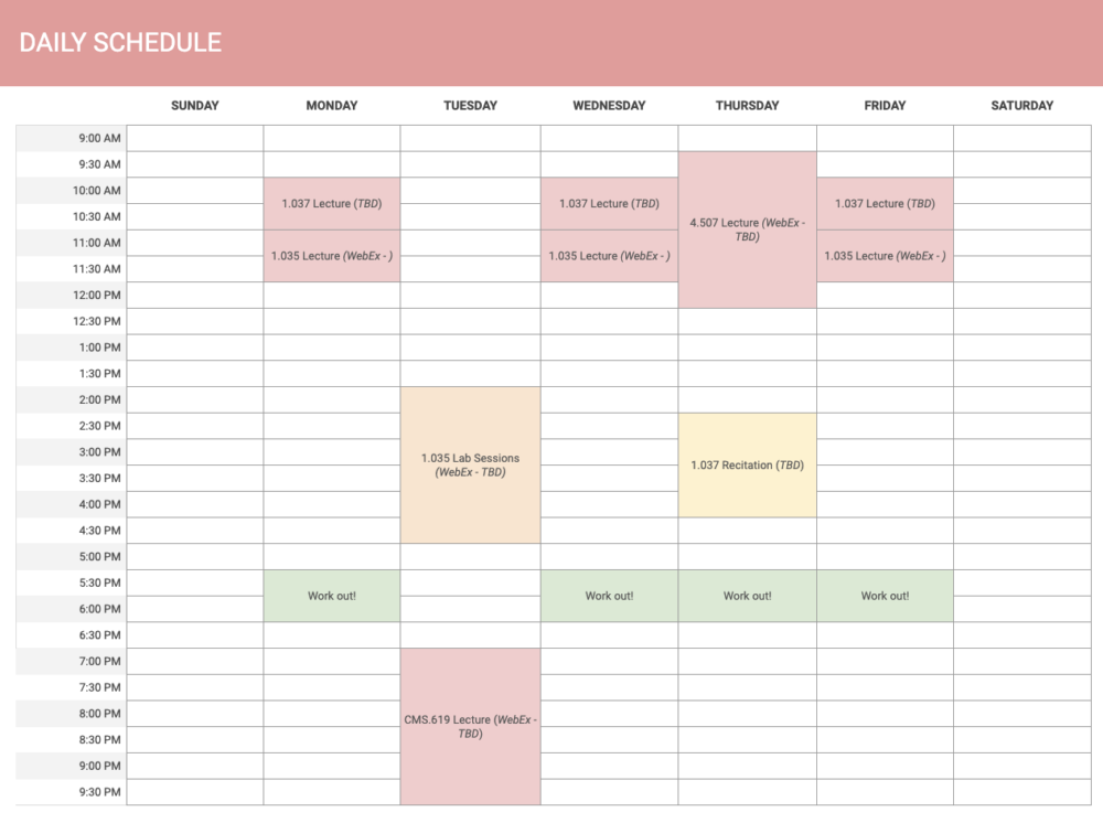 a screenshot of my daily schedule