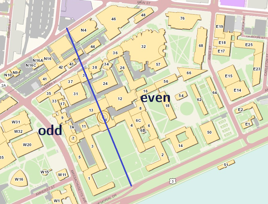 main campus, divided into odd and even