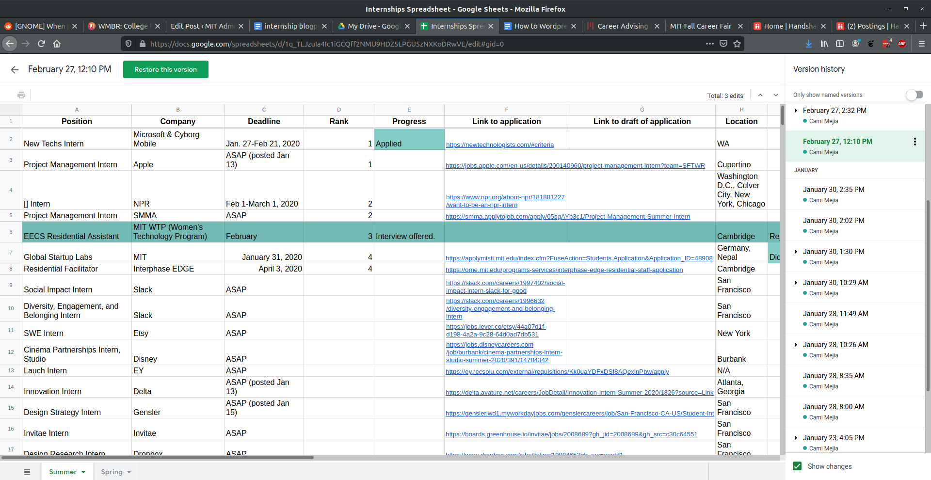 internship spreadsheet