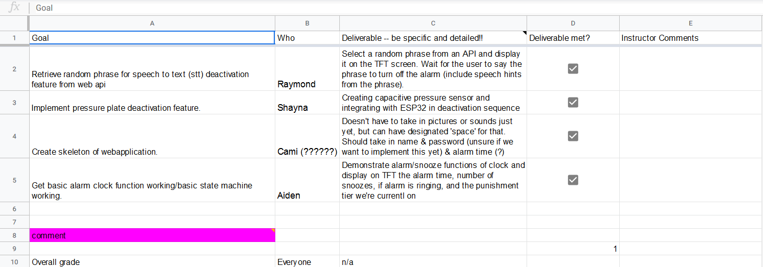 week 1 goals and deliverables